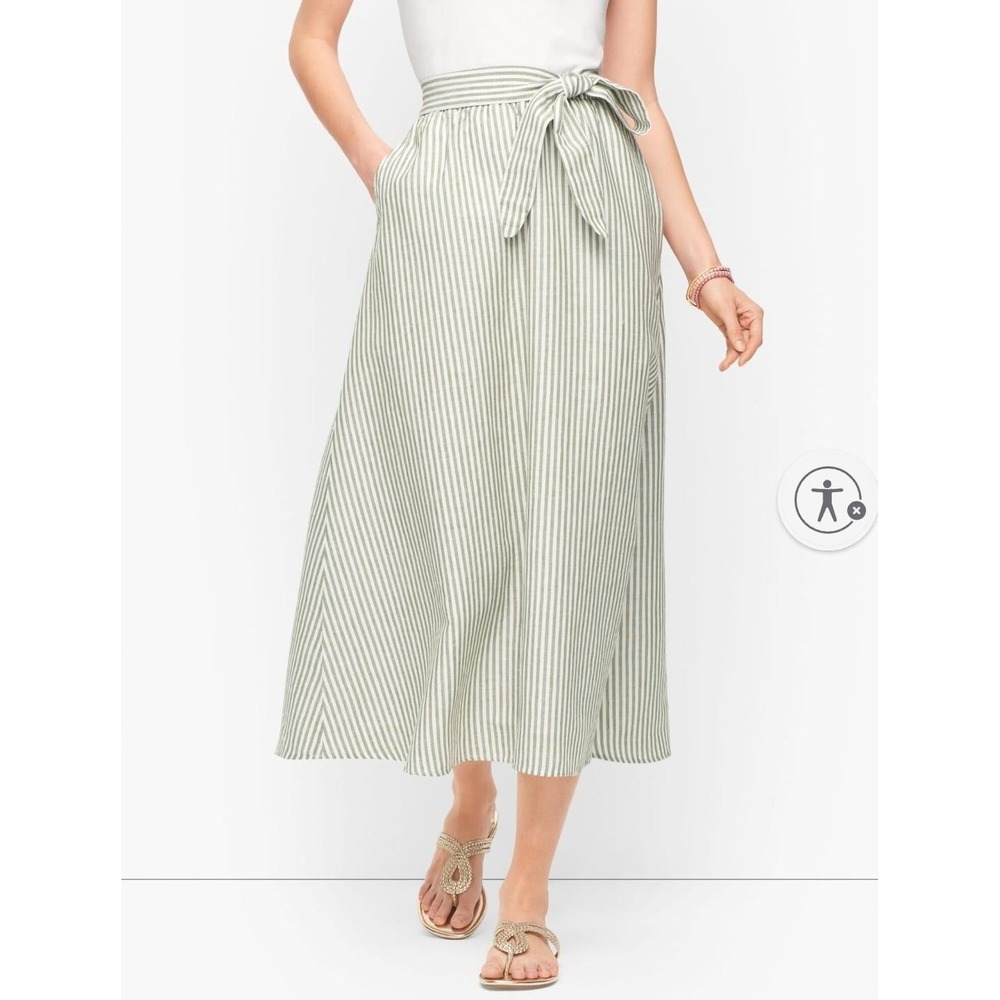 Talbots Plus 3X Green White Striped Linen Cotton Midi Skirt with Pockets NWT